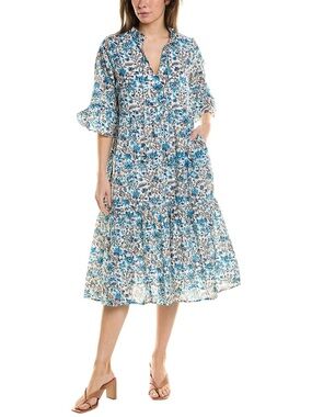 Sole Milano Blue White Floral 100% Cotton Tiered Skirt Below Knee Dress Medium